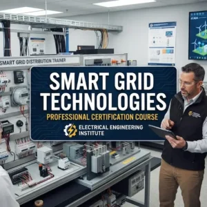 High-quality educational course image for Smart Grid Technologies with intelligent power systems and renewable energy visuals.