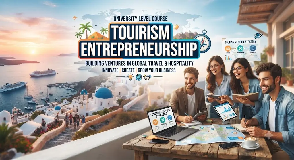 High-quality educational course image featuring Tourism Entrepreneurship with modern visuals