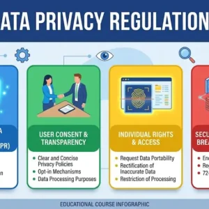 High-quality educational course image showing Data Privacy Regulations with law and digital security visuals.