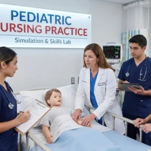 Professional e-learning image showing Pediatric Nursing Practice and child healthcare concepts