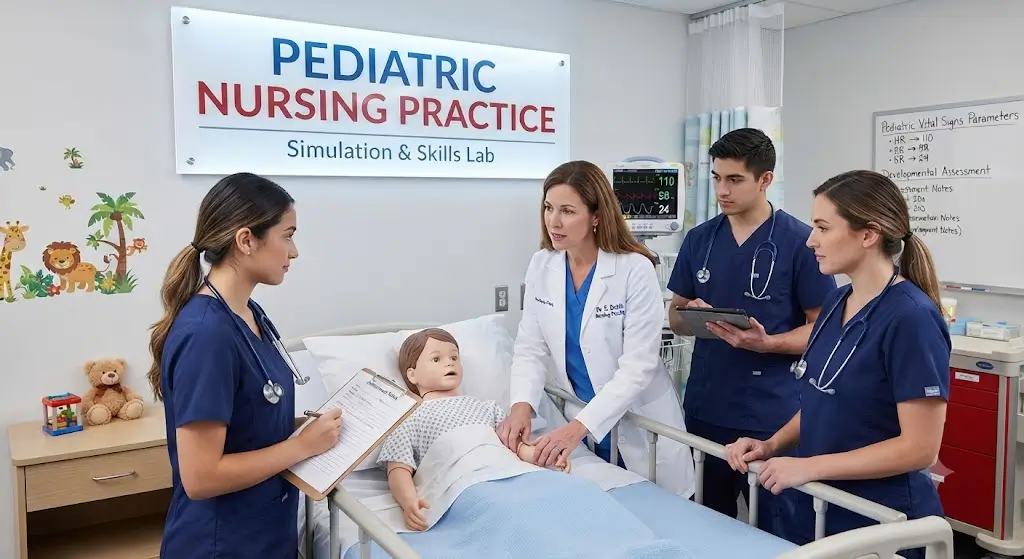 Professional e-learning image showing Pediatric Nursing Practice and child healthcare concepts
