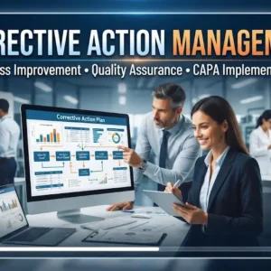 High-quality educational course image for Corrective Action Management with corrective strategies and compliance visuals.
