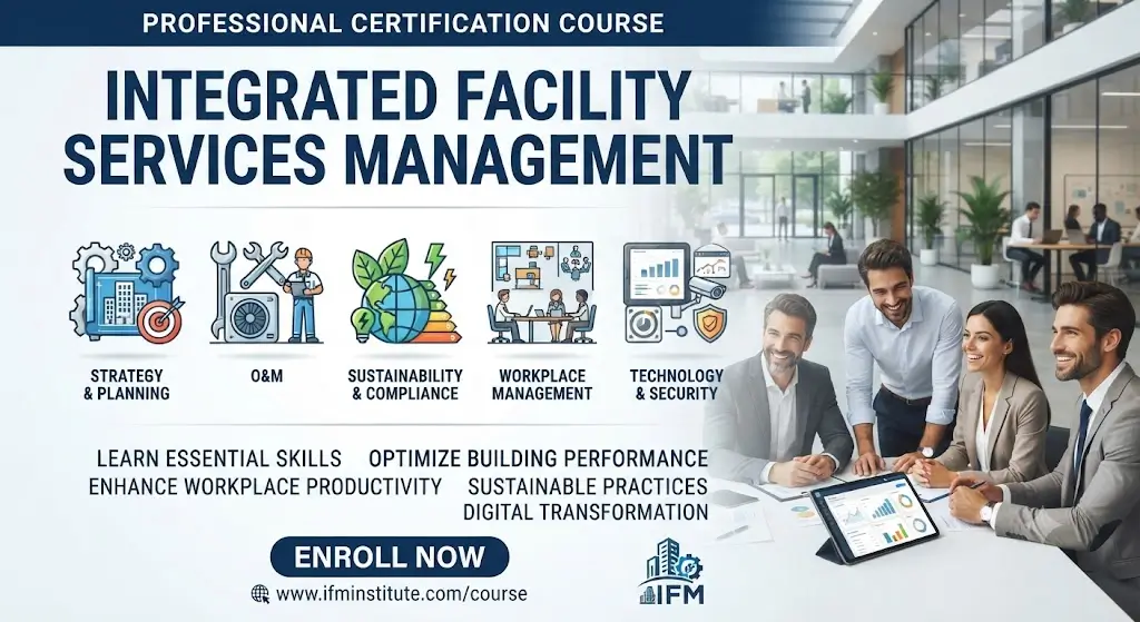 Modern educational image for Integrated Facility Services Management course with facility integration and service efficiency visuals