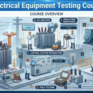 High-quality educational course image for Electrical Equipment Testing with diagnostic tools and safety visuals.