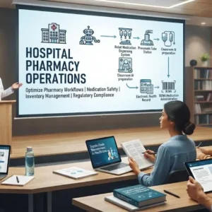 Professional e-learning image showing Hospital Pharmacy Operations systems and workflows