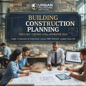 High-quality educational course image for Building Construction Planning with project scheduling and construction visuals.
