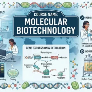 Modern educational image for Molecular Biotechnology course with genetic engineering and molecular biology visuals