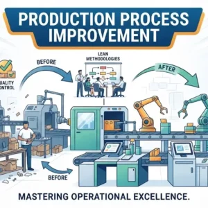 High-quality educational course image for Production Process Improvement with lean manufacturing and optimization visuals.