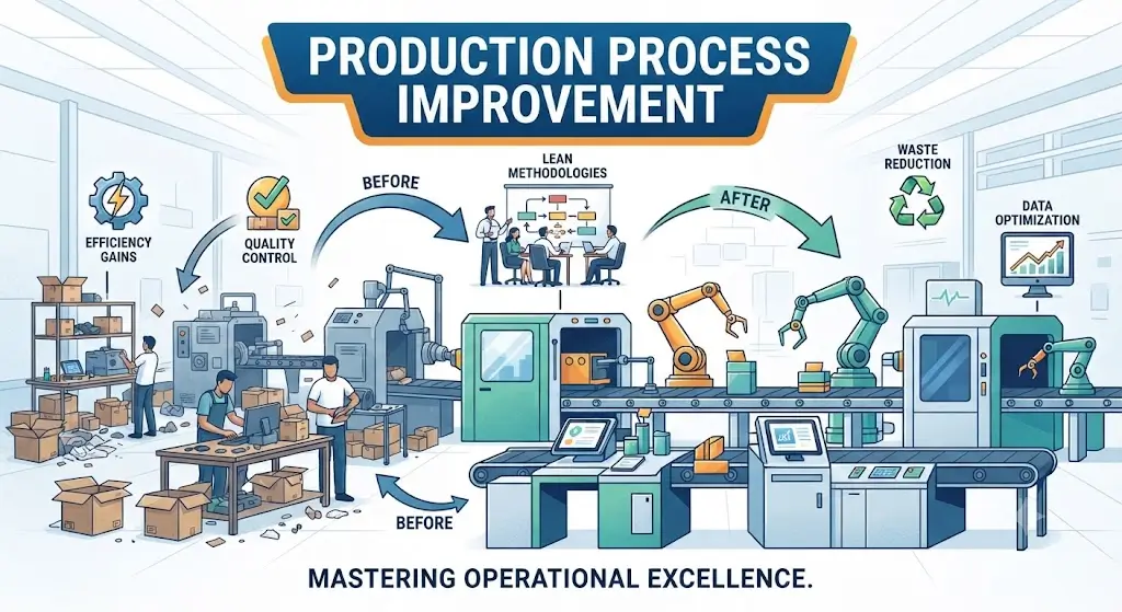 High-quality educational course image for Production Process Improvement with lean manufacturing and optimization visuals.