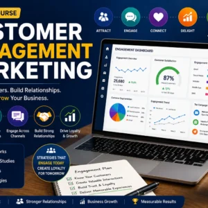 Customer Engagement Marketing course banner showing engagement strategy, analytics, and growth tools