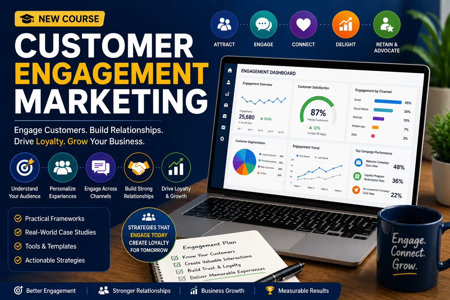 Customer Engagement Marketing course banner showing engagement strategy, analytics, and growth tools
