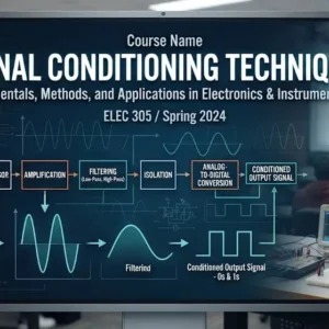 High-quality educational course image for Signal Conditioning Techniques with sensor interfacing and signal processing visuals.