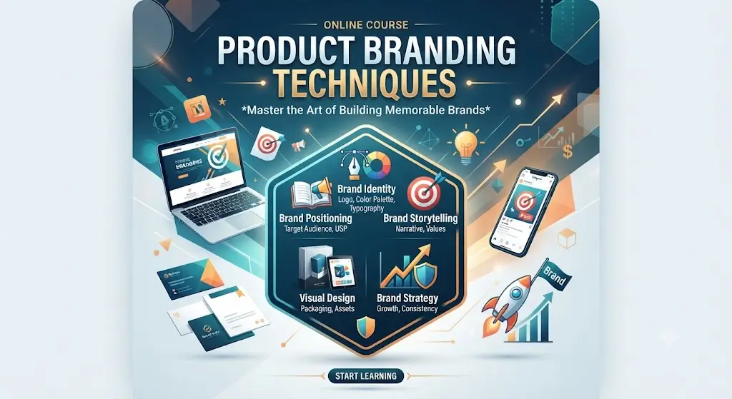 High-quality educational course image for Product Branding Techniques with brand identity and marketing visuals.