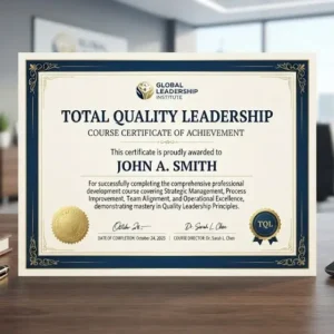 Modern educational image for Total Quality Leadership course with leadership and organizational excellence visuals