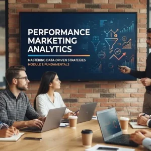 High-quality educational course image for Performance Marketing Analytics with campaign optimization and ROI measurement visuals.
