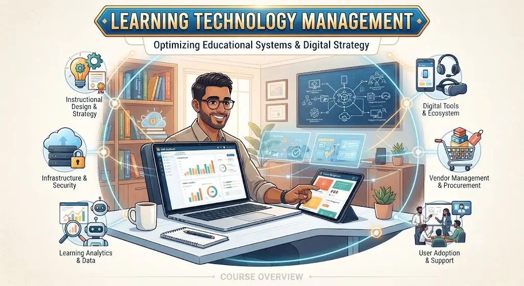Modern educational image for Learning Technology Management course with digital learning and technology visuals