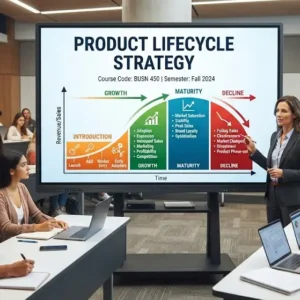 High-quality educational course image for Product Lifecycle Strategy with lifecycle management and product evolution visuals.
