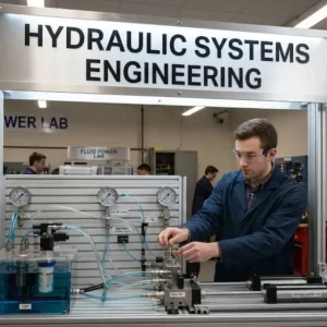 High-quality educational course image for Hydraulic Systems Engineering with hydraulic circuits and engineering visuals.