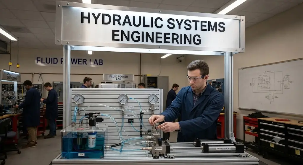 High-quality educational course image for Hydraulic Systems Engineering with hydraulic circuits and engineering visuals.