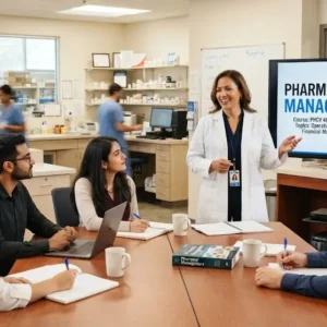 Professional e-learning image showing Pharmacy Practice Management and healthcare operations