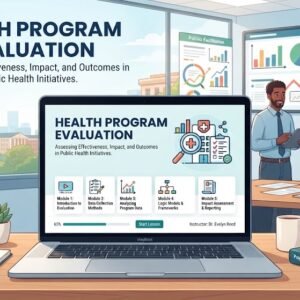 Modern educational image for Health Program Evaluation course with assessment and outcome measurement visuals