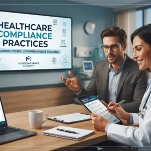 Professional e-learning image showing Healthcare Compliance Practices and regulatory standards concepts
