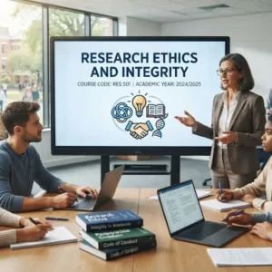 High-quality educational course image showing Research Ethics and Integrity with ethics and compliance visuals.
