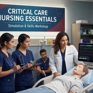 Professional e-learning image showing Critical Care Nursing Essentials and patient monitoring concepts