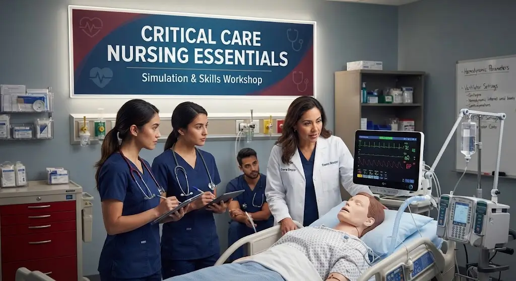 Professional e-learning image showing Critical Care Nursing Essentials and patient monitoring concepts