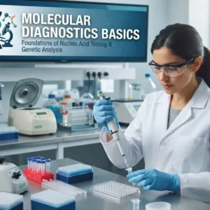 Modern educational image for Molecular Diagnostics Basics course with genetic testing and molecular analysis visuals