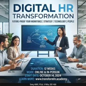 Modern educational image for Digital HR Transformation course with HR technology and workforce analytics visuals