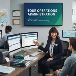 High-quality educational course image featuring Tour Operations Administration with modern visuals
