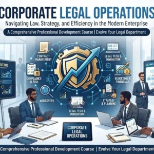 High-quality educational course image showing Corporate Legal Operations with law and organizational workflow visuals.