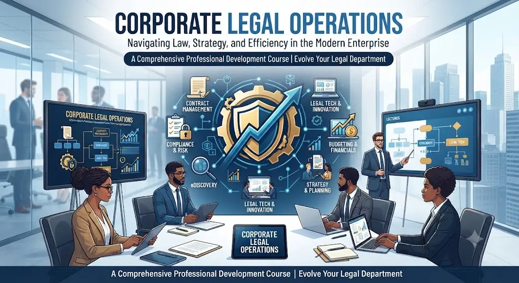 High-quality educational course image showing Corporate Legal Operations with law and organizational workflow visuals.