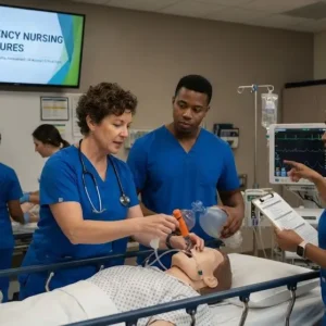 Professional e-learning image showing Emergency Nursing Procedures and urgent patient care concepts