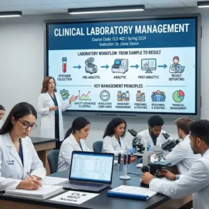Modern educational image for Clinical Laboratory Management course with leadership and workflow visuals