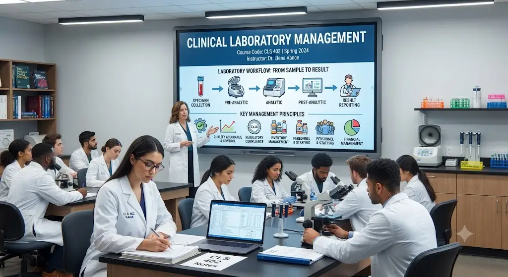 Modern educational image for Clinical Laboratory Management course with leadership and workflow visuals