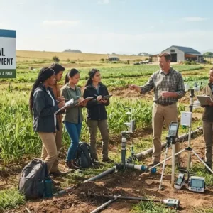 Modern educational image for Agricultural Resource Management course with sustainable farming and resource planning visuals