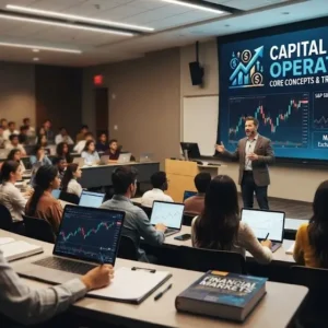 Modern educational image for Capital Market Operations course with trading and settlement visuals