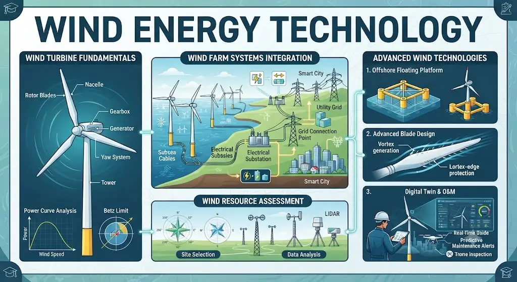 High-quality educational course image featuring Wind Energy Technology with modern visuals