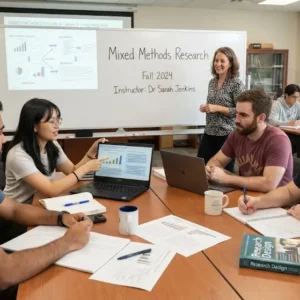 High-quality educational course image showing Mixed Methods Research with qualitative and quantitative visuals.