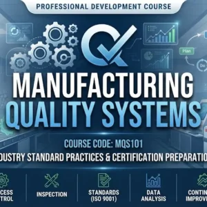 Modern educational image for Manufacturing Quality Systems course with compliance and process optimization visuals