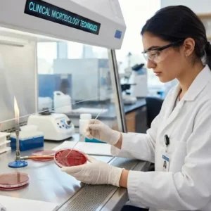 Modern educational image for Clinical Microbiology Techniques course with bacterial culture and diagnostic visuals