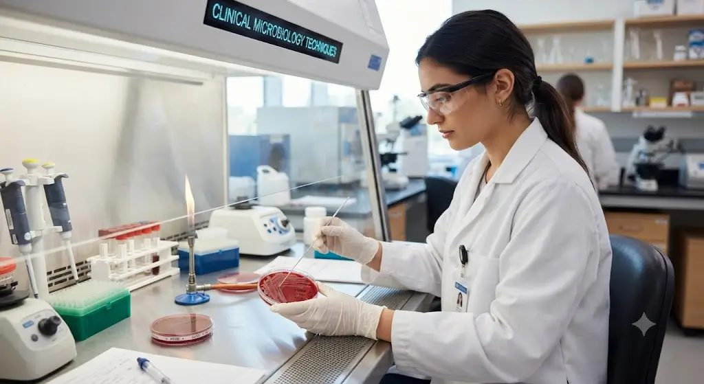 Modern educational image for Clinical Microbiology Techniques course with bacterial culture and diagnostic visuals
