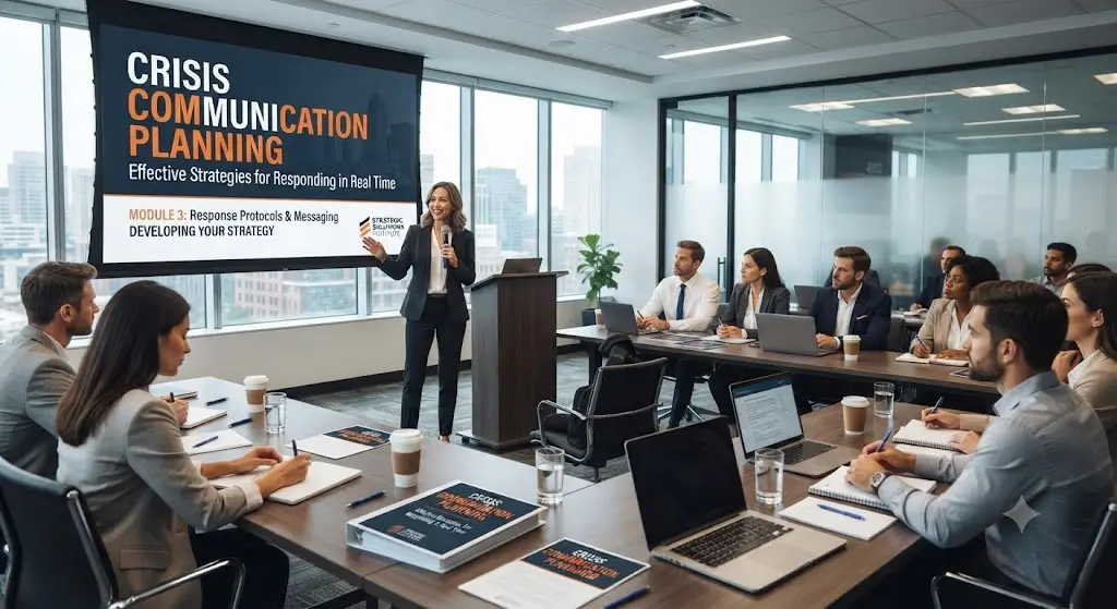 High-quality educational course image for Crisis Communication Planning with crisis management and communication visuals.