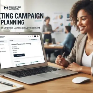 High-quality educational course image for Marketing Campaign Planning with campaign design and execution visuals.