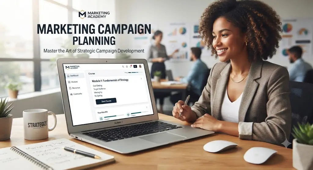 High-quality educational course image for Marketing Campaign Planning with campaign design and execution visuals.