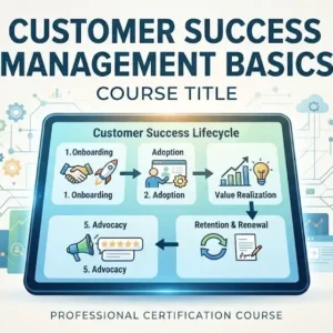 Modern educational image for Customer Success Management Basics course with customer engagement and success metrics visuals