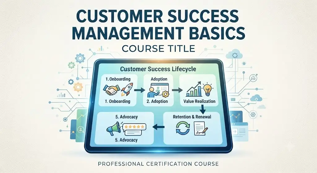 Modern educational image for Customer Success Management Basics course with customer engagement and success metrics visuals