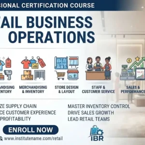 Modern educational image for Retail Business Operations course with retail workflows and customer engagement visuals